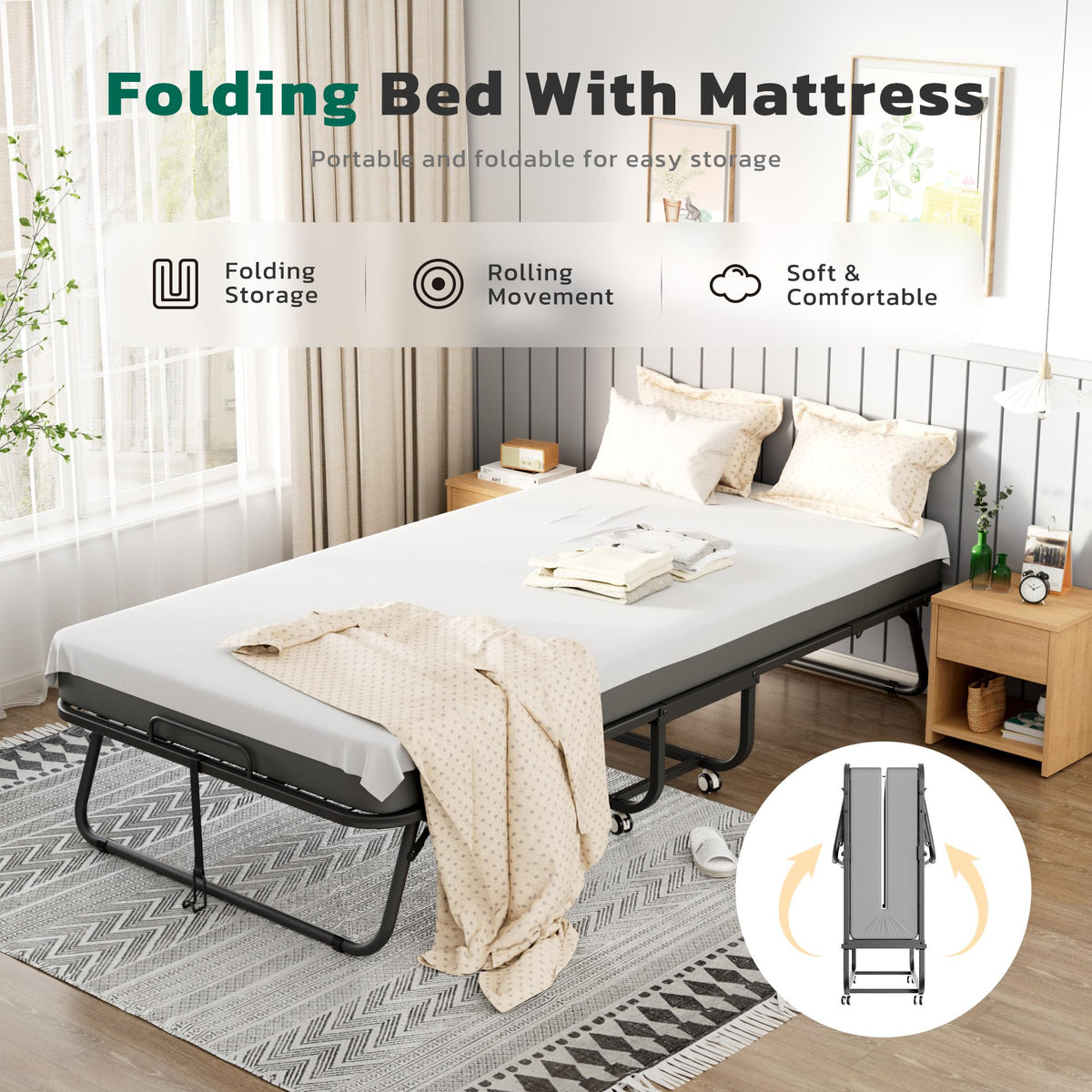 Folding Bed with Mattress Metal Frame Cot Size C8268