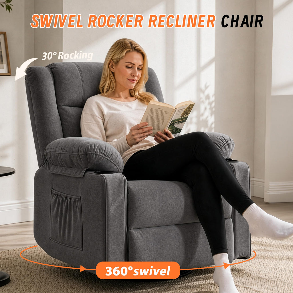Grey Manual Swivel Rocking Recliner Chair with Massage and Heating K408