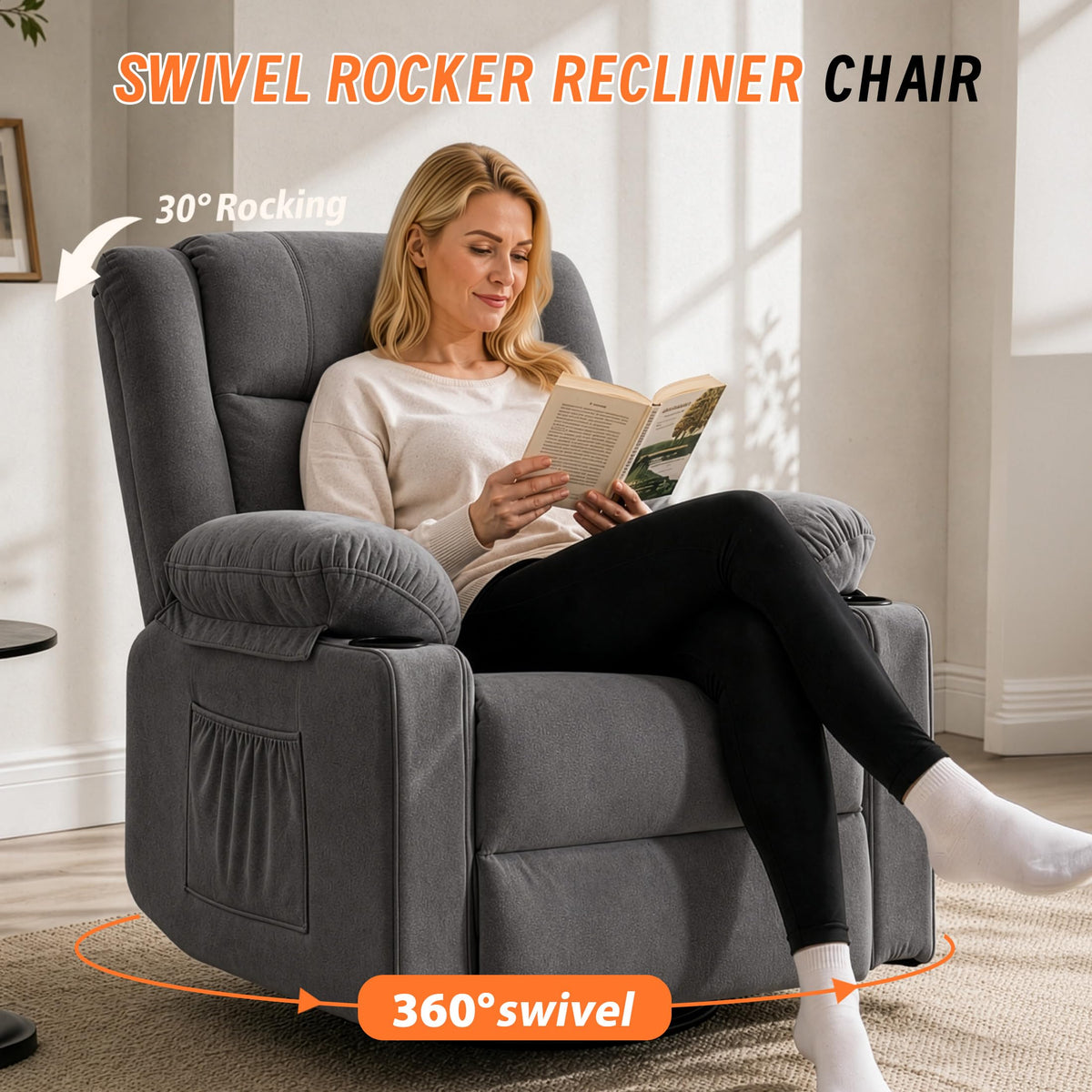 Grey Manual Swivel Rocking Recliner Chair with Massage and Heating K408