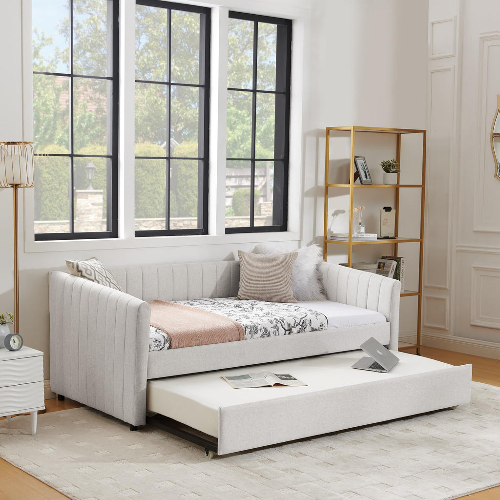Twin Size Upholstery Daybed with Trundle and Vertical Stripes X665565