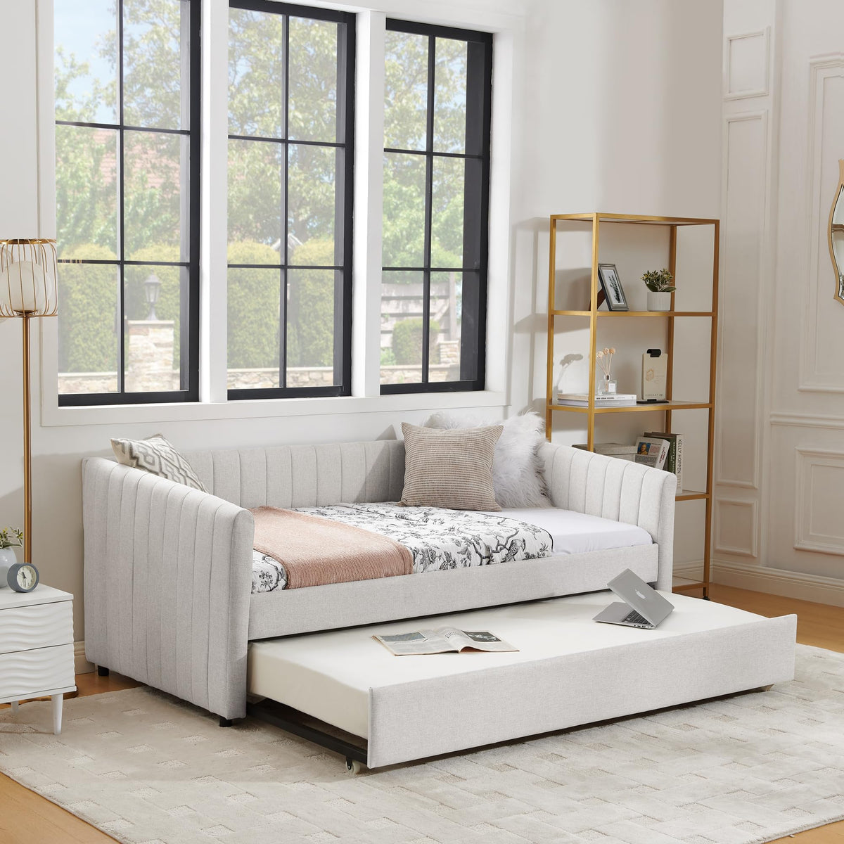Twin Size Upholstery Daybed with Trundle and Vertical Stripes X665565