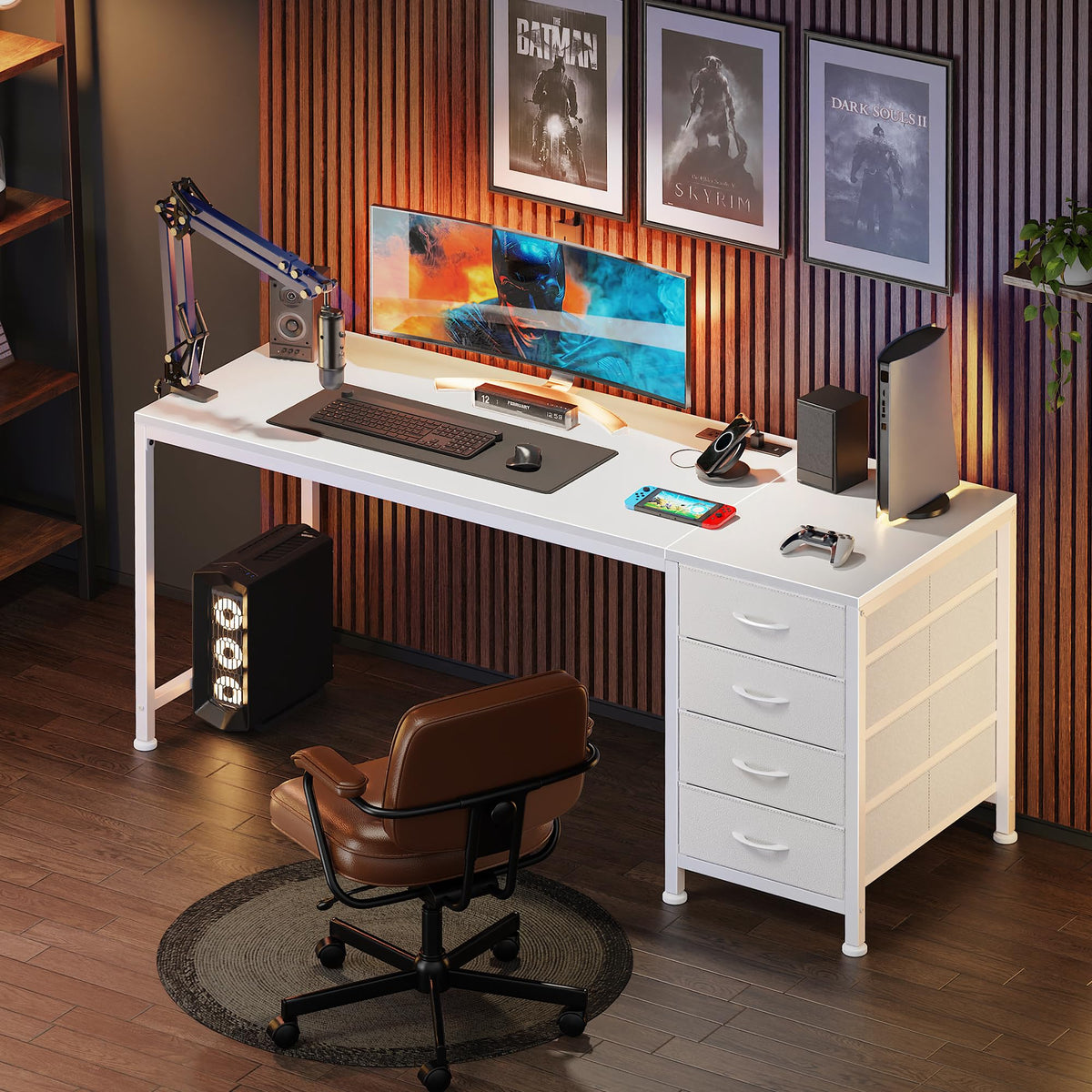 55.1 Inch White Desk with Power Outlets and USB-C Port L9727
