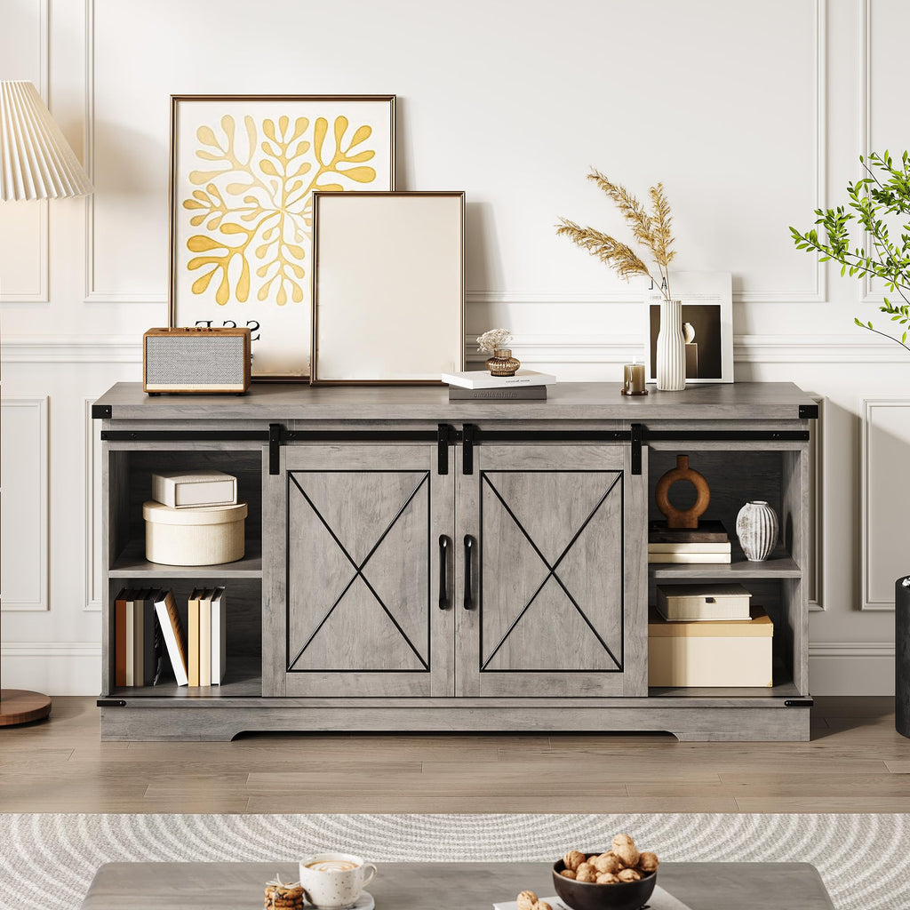 59" Farmhouse TV Stand with Sliding Barn Doors & Adjustable Shelves, Gray J330