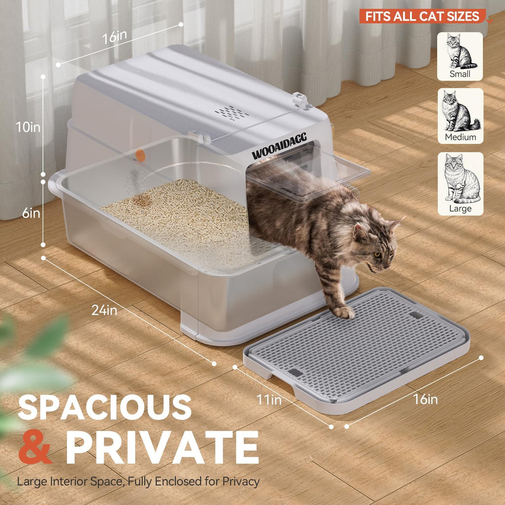 Enclosed Stainless Steel Cat Litter Box with Drawer and Flip Door, Extra Large Light Grey X611