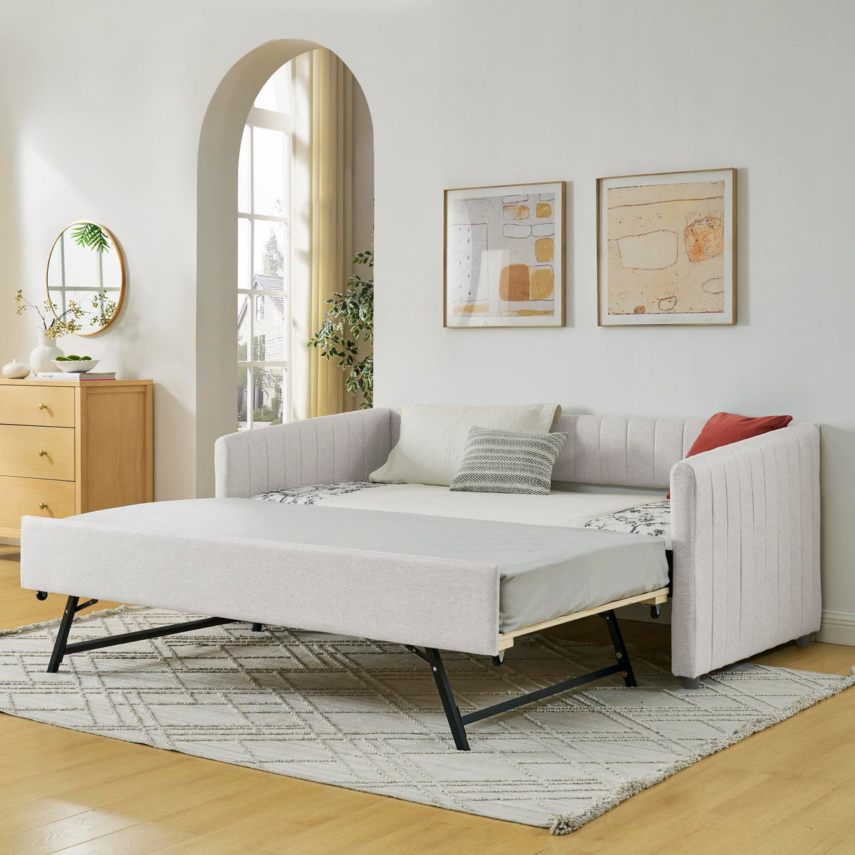 Twin Size Upholstery Daybed with Trundle and Vertical Stripes X665565