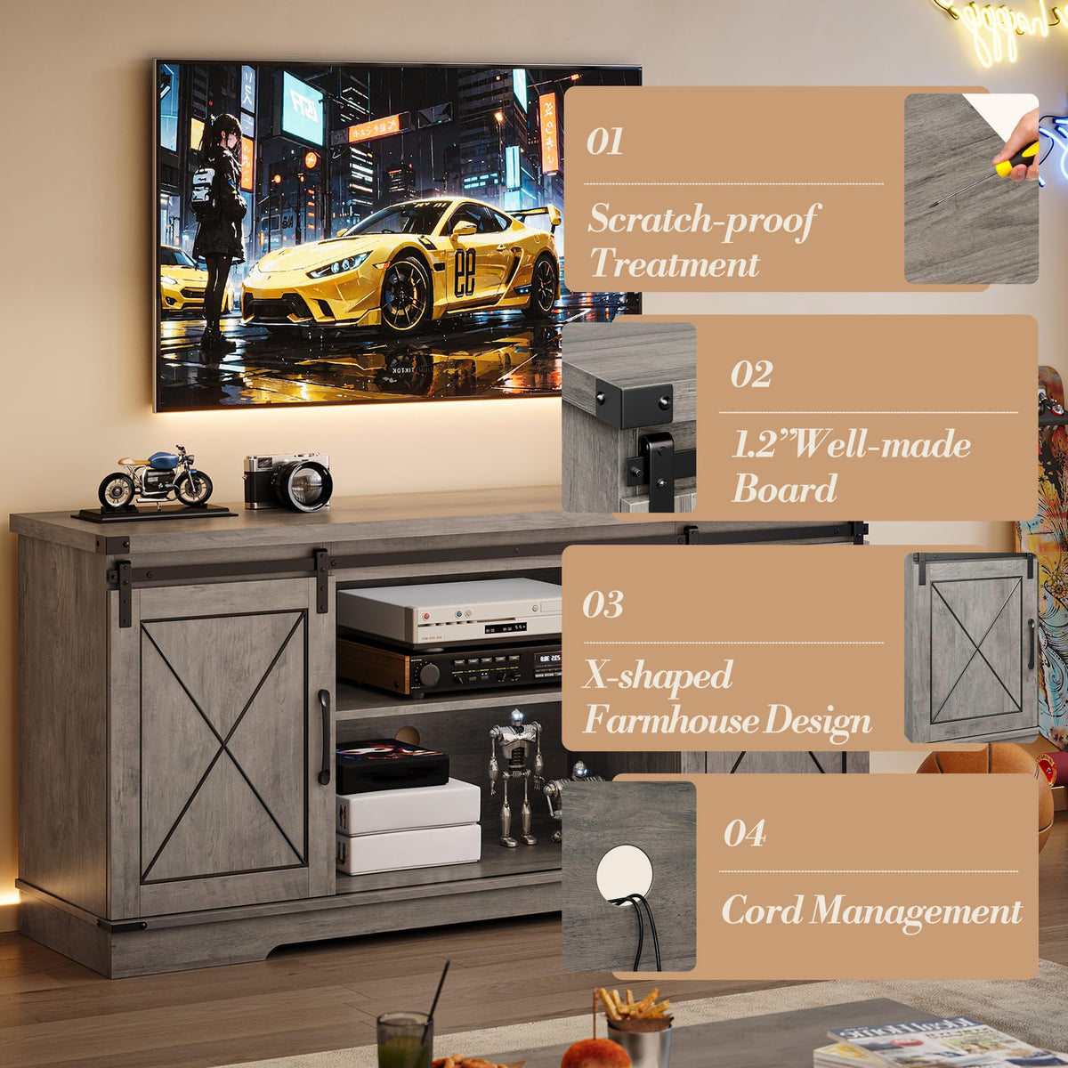 59" Farmhouse TV Stand with Sliding Barn Doors & Adjustable Shelves, Gray J330