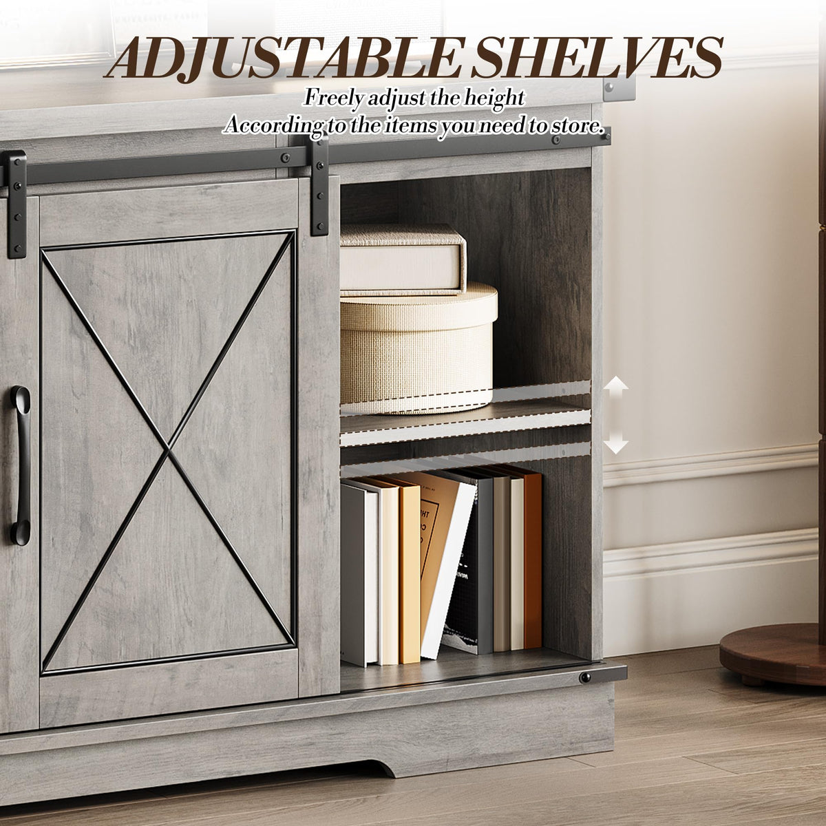 59" Farmhouse TV Stand with Sliding Barn Doors & Adjustable Shelves, Gray J330