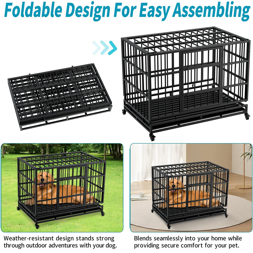 48" Metal Dog Crate with Tray & Wheels C41033