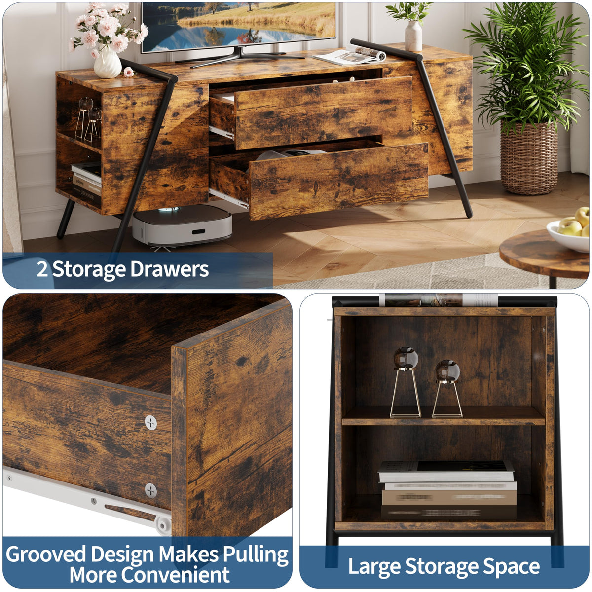Oak TV Stand with Adjustable Shelf and 2 Drawers Y732