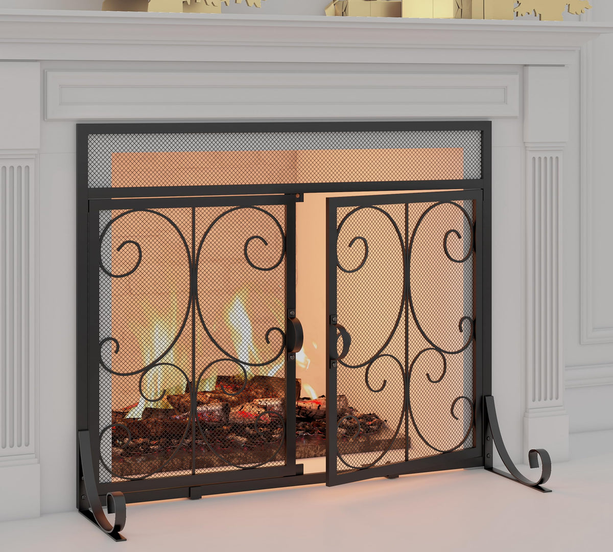 Black Flat Fireplace Screen with Doors B4991