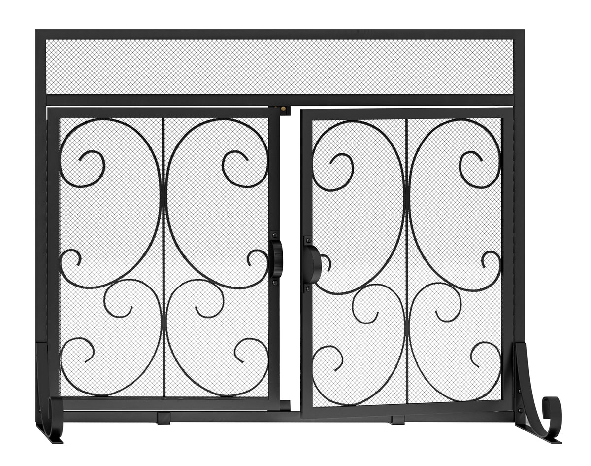Black Flat Fireplace Screen with Doors B4991