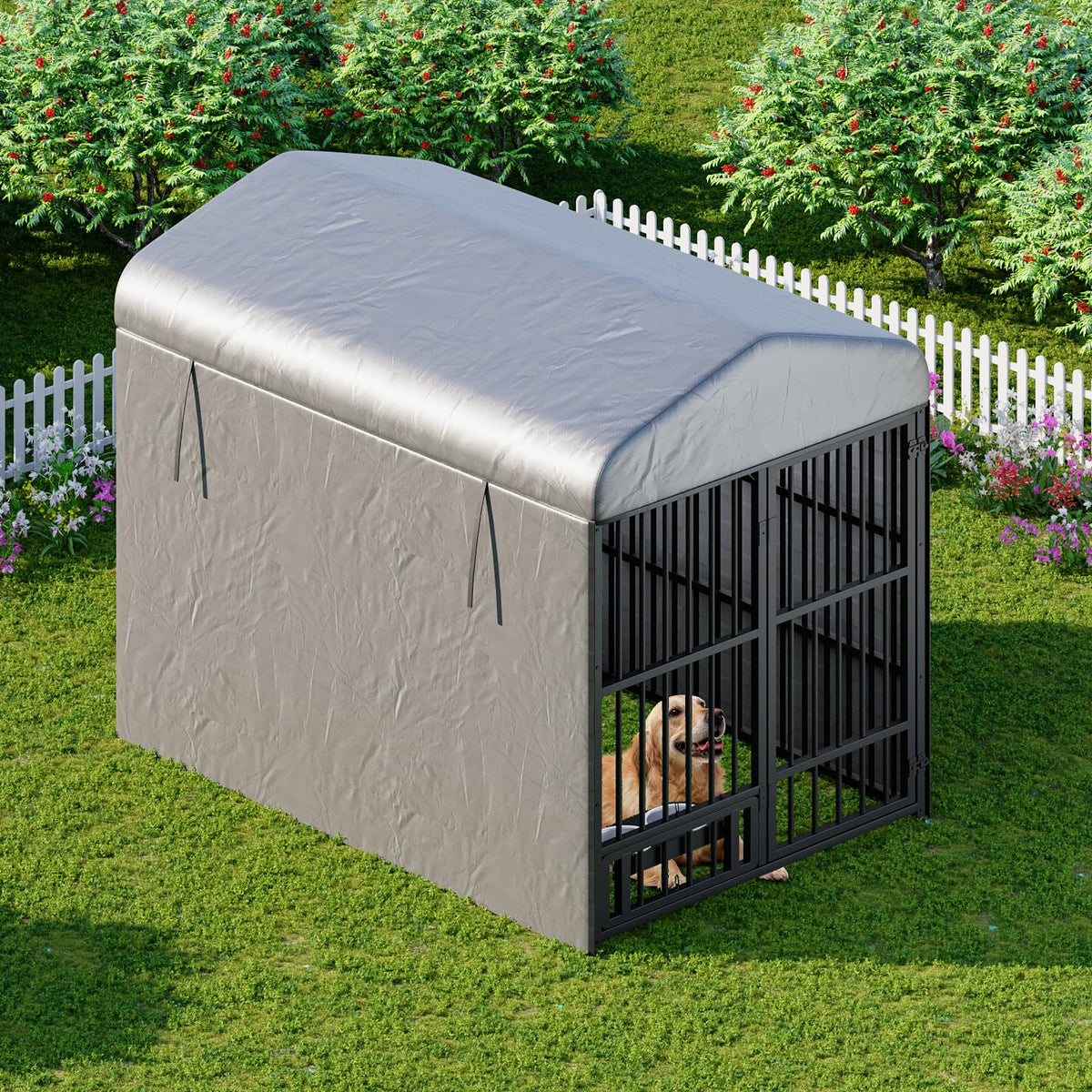 Black Dog Kennel with Cover and Feeding Bowls P9409
