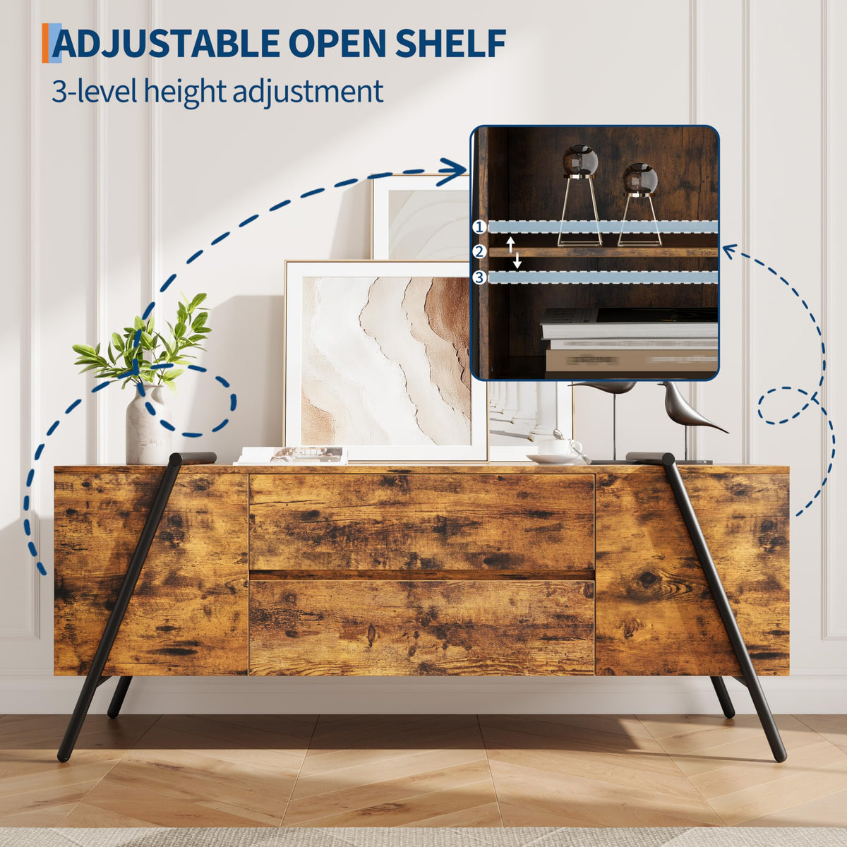Oak TV Stand with Adjustable Shelf and 2 Drawers Y732