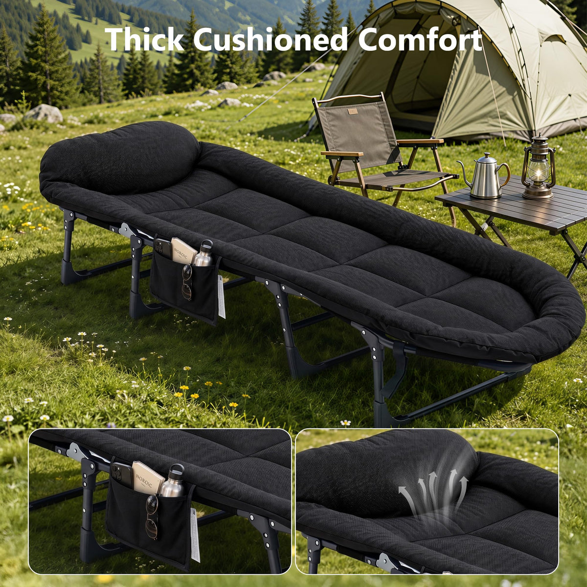 Folding Camping Cot with Mattress and Pillow, 450 Lbs Capacity, 69 Inch, Black U1689