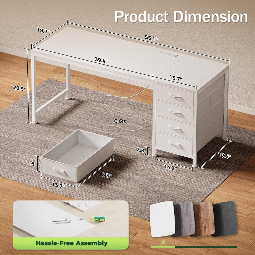 55.1 Inch White Desk with Power Outlets and USB-C Port L9727