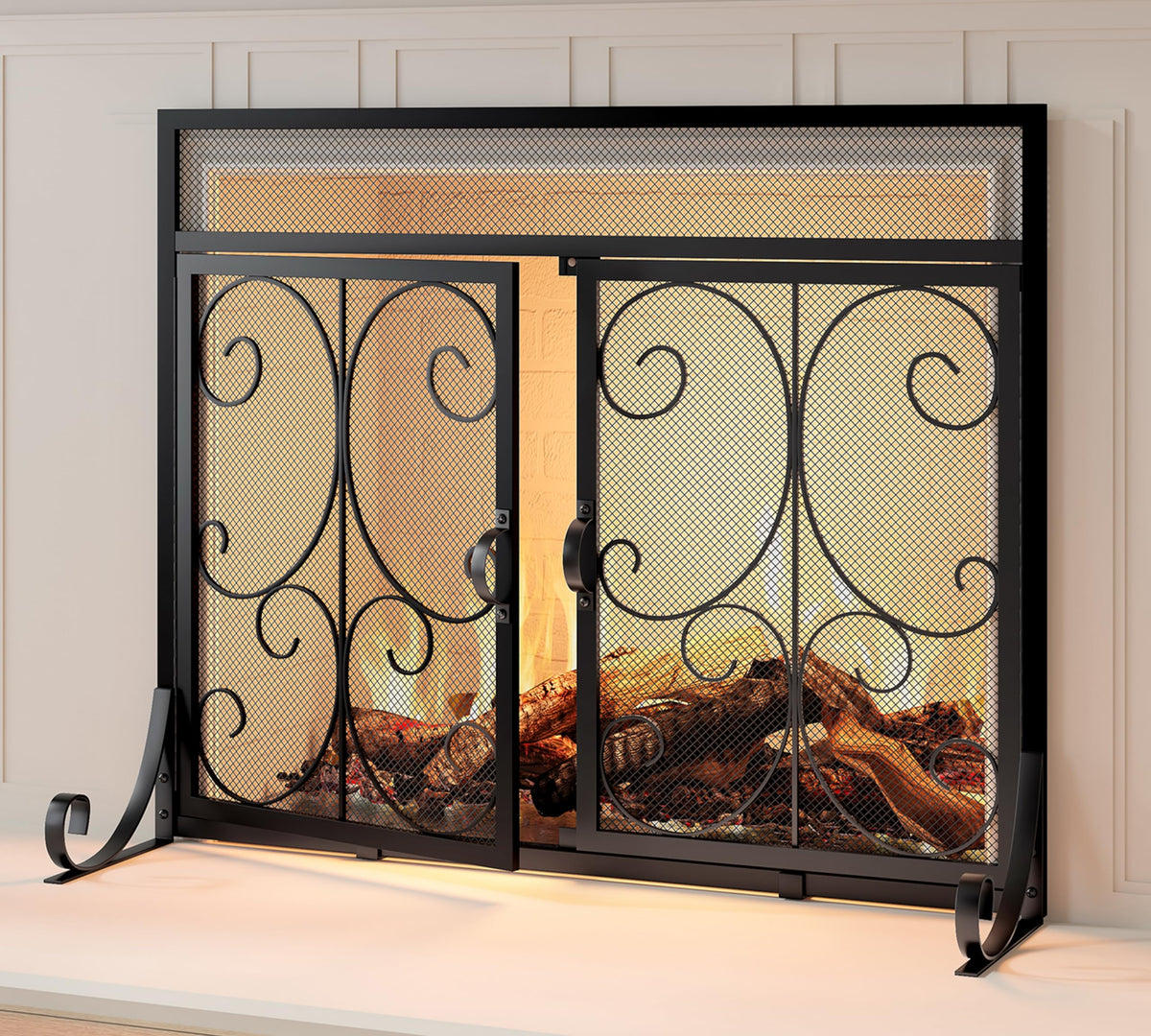 Black Flat Fireplace Screen with Doors B4991