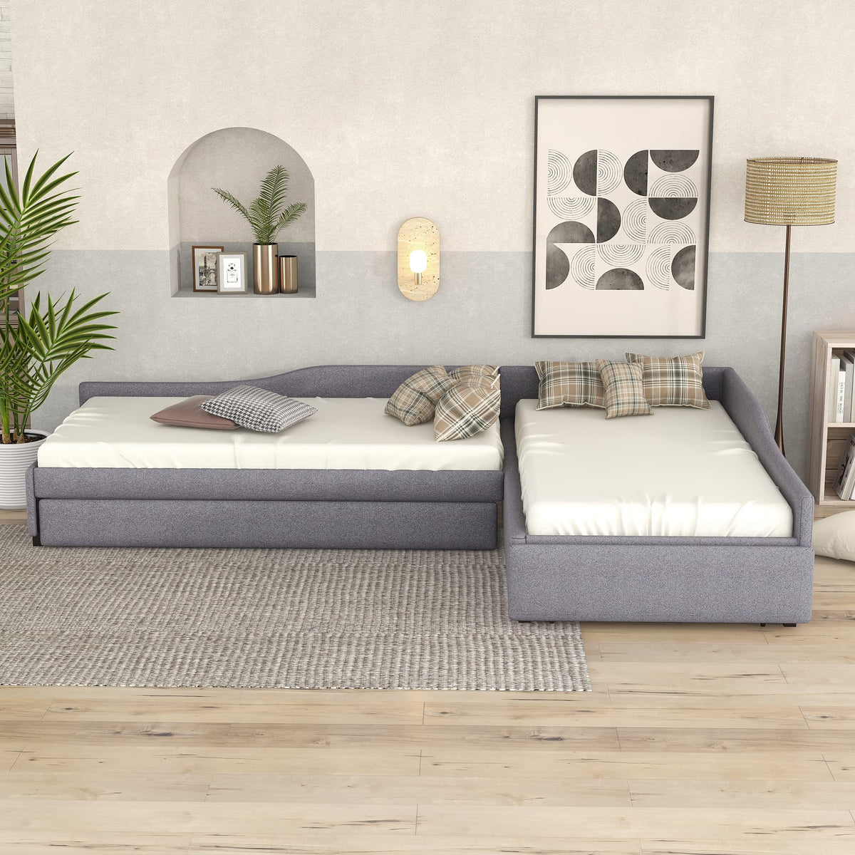 Gray Linen Upholstered Double Twin Size Daybed with Trundle and Drawer N5114