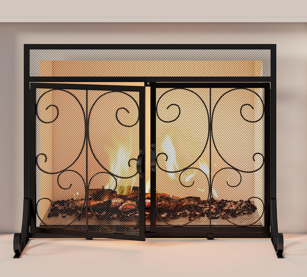 Black Flat Fireplace Screen with Doors B4991
